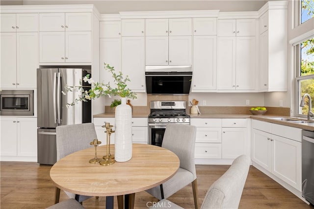 kitchen with light wood-style flooring, appliances with stainless steel finishes, white cabinets, and a sink