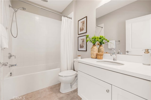 bathroom with toilet, tile patterned flooring, shower / tub combo with curtain, and vanity