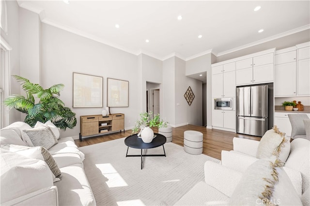 living room featuring ornamental molding, baseboards, and light wood finished floors