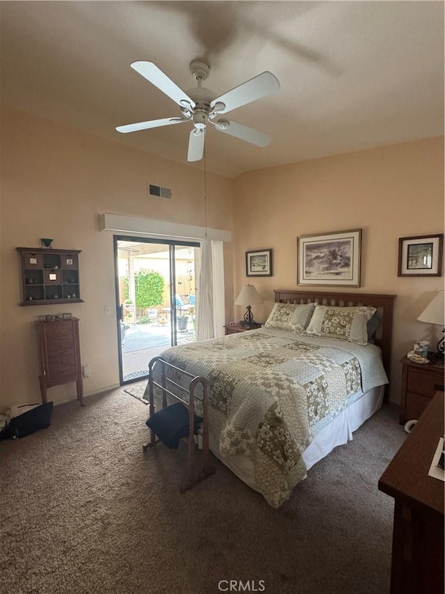 bedroom with ceiling fan, access to outside, carpet floors, and visible vents