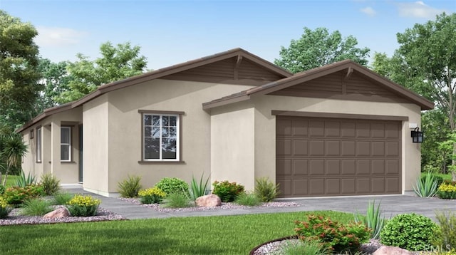 ranch-style home with driveway, an attached garage, and stucco siding