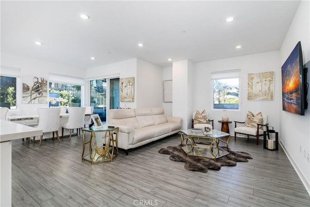 living room with recessed lighting and wood finished floors