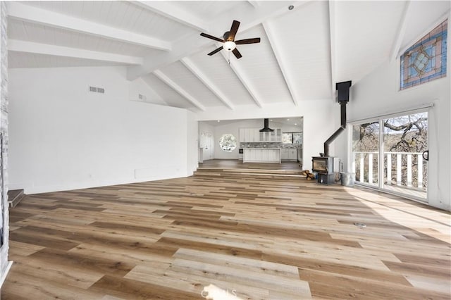 unfurnished living room with a ceiling fan, a wood stove, visible vents, and wood finished floors