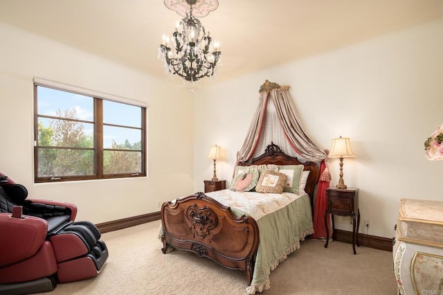 bedroom featuring carpet floors, baseboards, and a chandelier