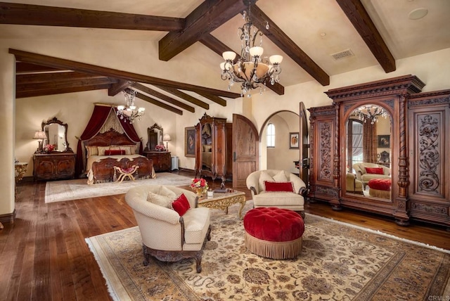 living area featuring lofted ceiling with beams, hardwood / wood-style floors, and a notable chandelier