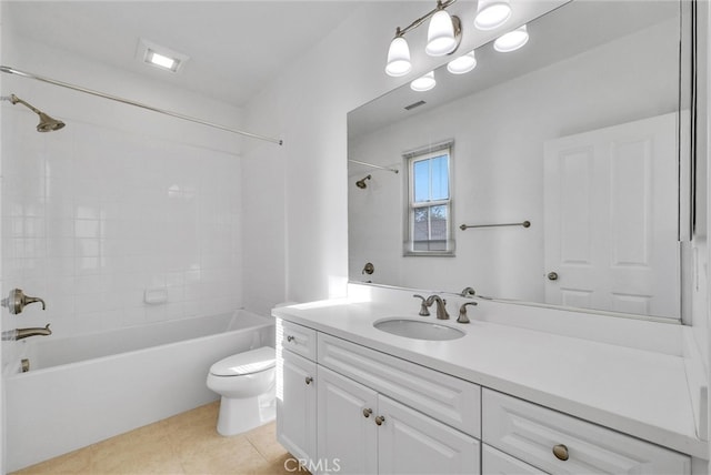 bathroom featuring visible vents, toilet, washtub / shower combination, vanity, and tile patterned floors