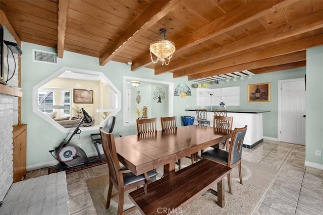 dining area featuring baseboards, visible vents, wooden ceiling, beamed ceiling, and a chandelier