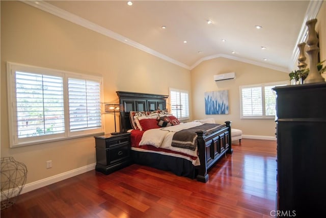 bedroom with baseboards, lofted ceiling, ornamental molding, wood finished floors, and a wall mounted AC