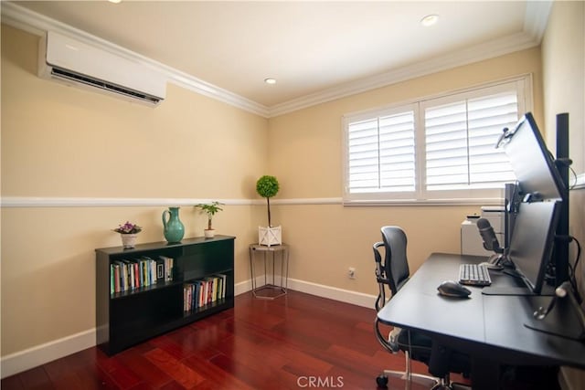 office area featuring crown molding, baseboards, an AC wall unit, recessed lighting, and wood finished floors