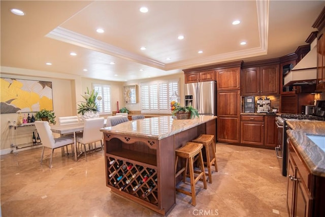 kitchen featuring a tray ceiling, a kitchen island, a breakfast bar, and stainless steel appliances