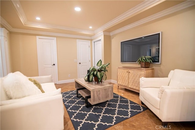 tiled living room featuring recessed lighting, crown molding, and baseboards