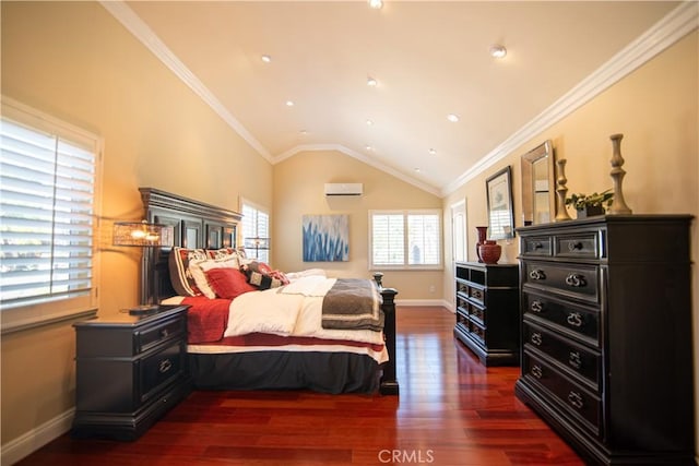 bedroom with dark wood-type flooring, lofted ceiling, an AC wall unit, ornamental molding, and baseboards