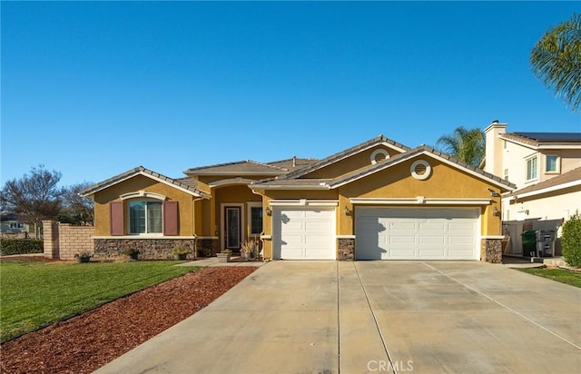 view of front facade featuring stone siding, stucco siding, driveway, and a garage