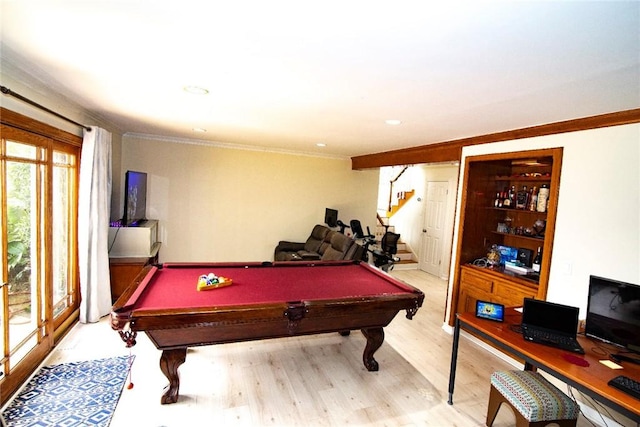 game room with pool table, wood finished floors, and crown molding