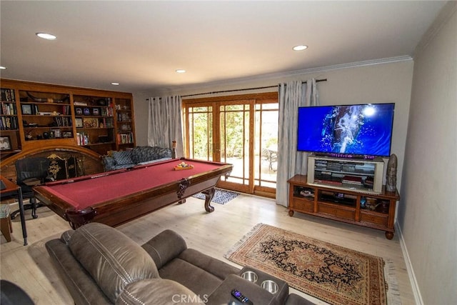 game room with french doors, crown molding, wood finished floors, billiards, and baseboards