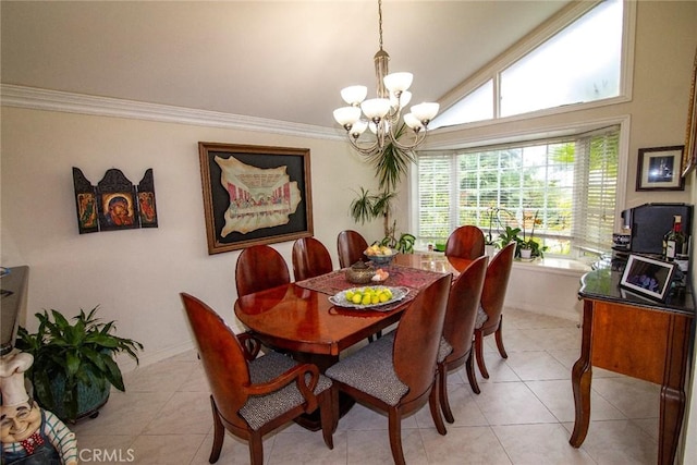 dining room with lofted ceiling, ornamental molding, a notable chandelier, and light tile patterned flooring