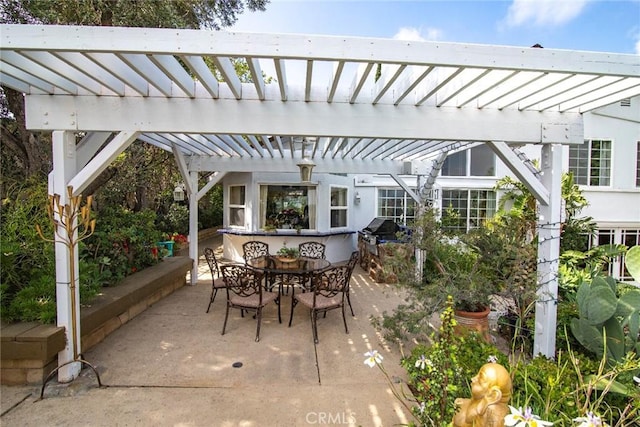 view of patio / terrace with grilling area, a pergola, and outdoor dining space