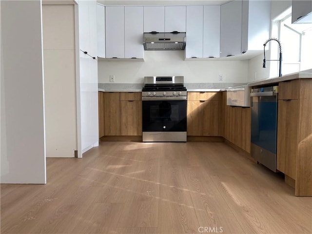 kitchen featuring light countertops, modern cabinets, under cabinet range hood, and stainless steel appliances