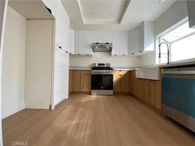 kitchen featuring light wood-style flooring, stainless steel range, under cabinet range hood, a raised ceiling, and modern cabinets