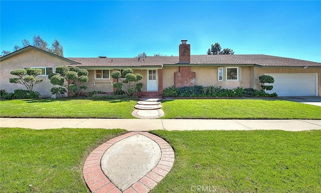 ranch-style house with a front lawn, concrete driveway, stucco siding, a chimney, and a garage