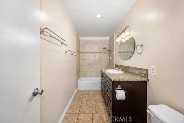 full bathroom with tile patterned flooring, baseboards, toilet, shower / bath combination, and vanity