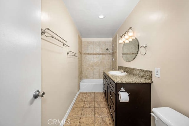 full bathroom with vanity, shower / washtub combination, baseboards, toilet, and tile patterned flooring