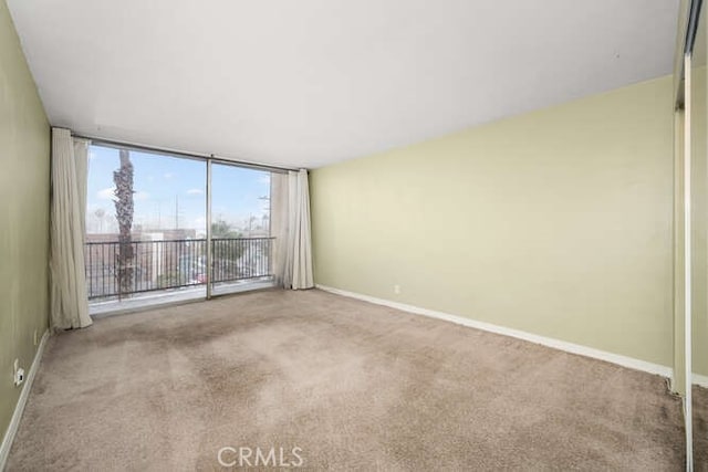 unfurnished room with a wall of windows, baseboards, and carpet floors