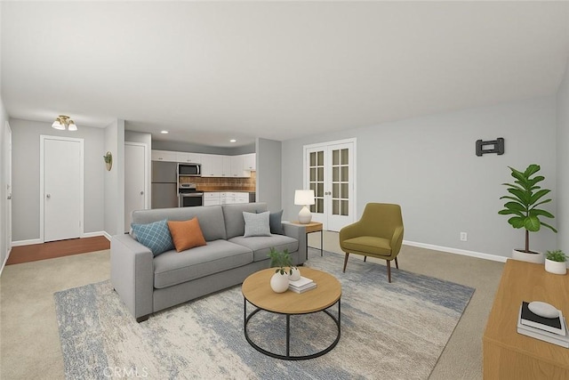 living area with recessed lighting, light carpet, and baseboards