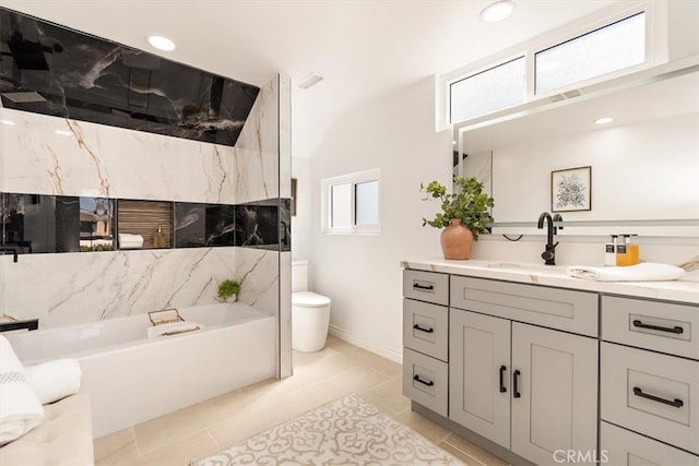 bathroom with vanity, a bathing tub, recessed lighting, a shower, and toilet