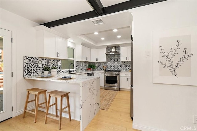 kitchen featuring visible vents, light wood-type flooring, electric range, wall chimney exhaust hood, and a sink