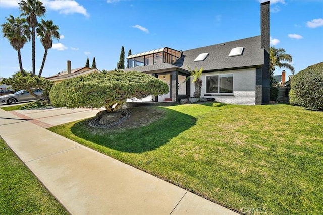 view of front of house with a front lawn, brick siding, and a chimney