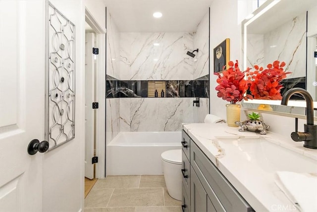 bathroom featuring vanity, toilet, a shower, and a bathing tub