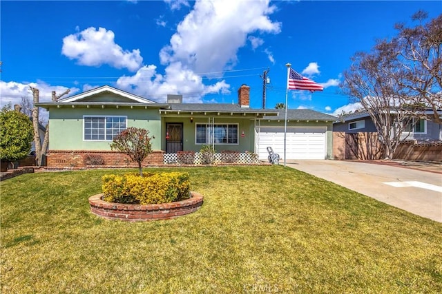 single story home featuring concrete driveway, a garage, a front yard, and stucco siding