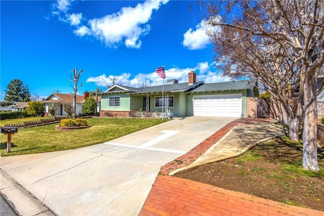 ranch-style home featuring fence, concrete driveway, a front yard, stucco siding, and a garage