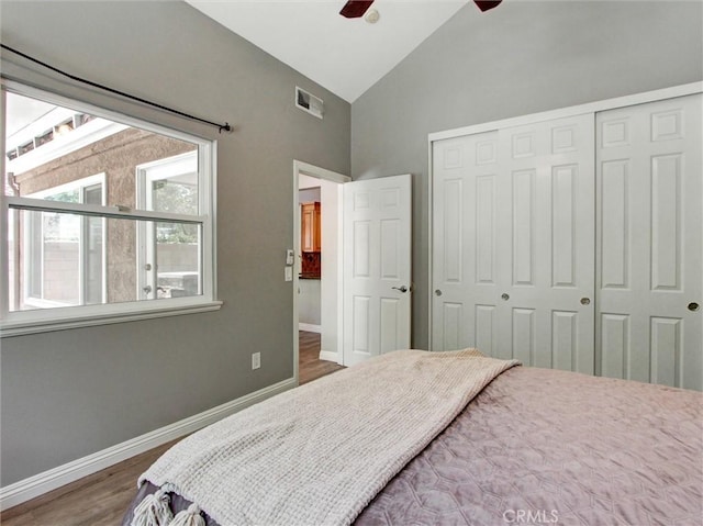 25547 Palermo Way, Yorba Linda, CA 92887 - bedroom with a closet, wood finished floors, high vaulted ceiling, and a ceiling fan
