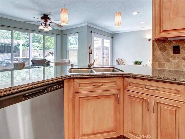 25547 Palermo Way, Yorba Linda, CA 92887 - kitchen with stainless steel dishwasher, ornamental molding, backsplash, ceiling fan, and stone countertops