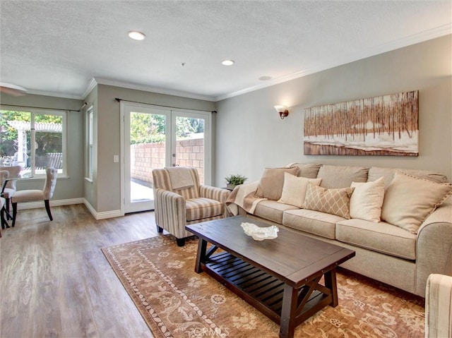 25547 Palermo Way, Yorba Linda, CA 92887 - living area featuring ornamental molding, wood finished floors, a textured ceiling, and recessed lighting