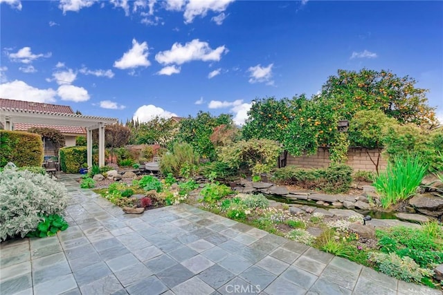 view of yard with a pergola, a patio, and fence