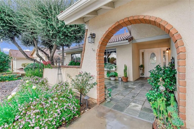 doorway to property with a patio and stucco siding