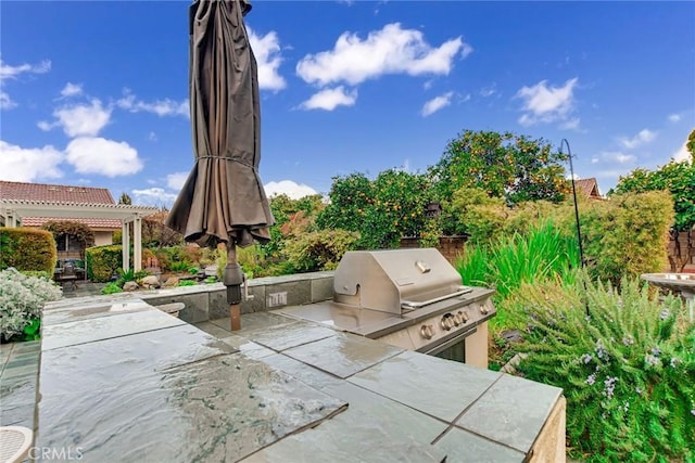 view of patio / terrace with an outdoor kitchen, a grill, and a pergola