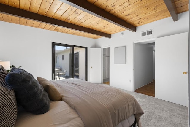 bedroom featuring carpet, visible vents, beam ceiling, access to exterior, and wooden ceiling