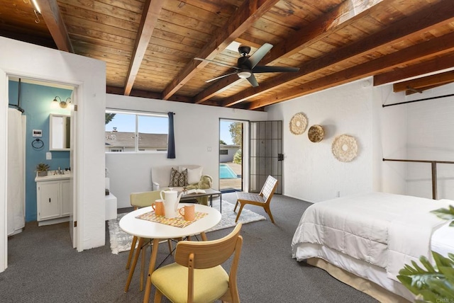 bedroom with carpet floors, beam ceiling, ceiling fan, access to exterior, and wood ceiling