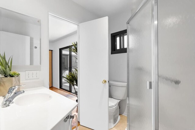 bathroom with vanity, toilet, and a stall shower