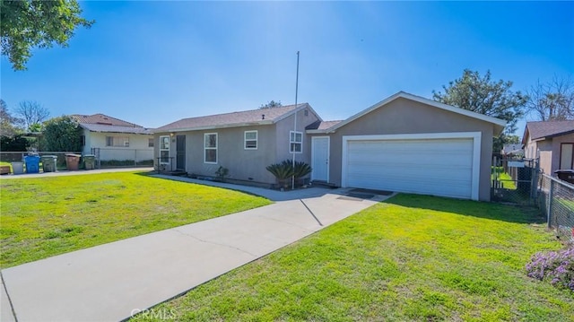 ranch-style house with fence, concrete driveway, a front yard, stucco siding, and a garage