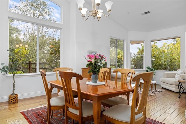 sunroom / solarium with visible vents, plenty of natural light, wood finished floors, and an inviting chandelier
