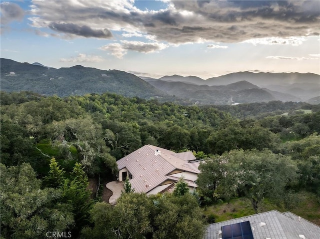 aerial view featuring a mountain view and a view of trees