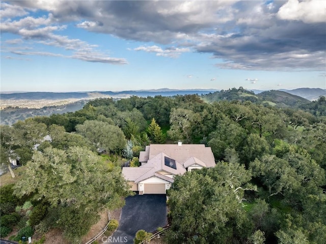 bird's eye view with a wooded view