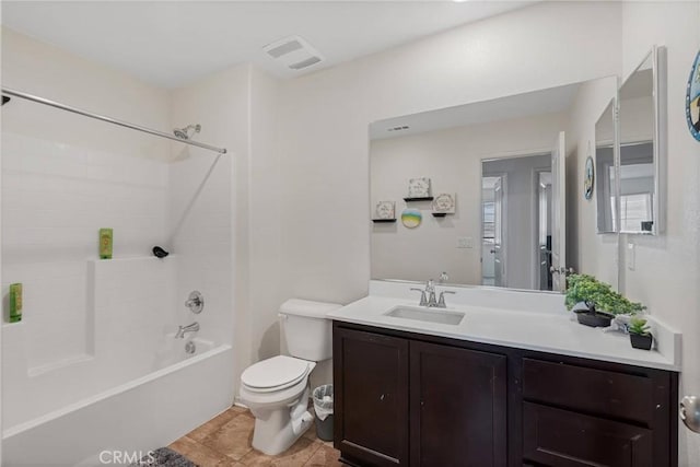 full bath with shower / bath combination, toilet, visible vents, and vanity