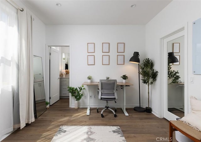 office with baseboards and wood finished floors