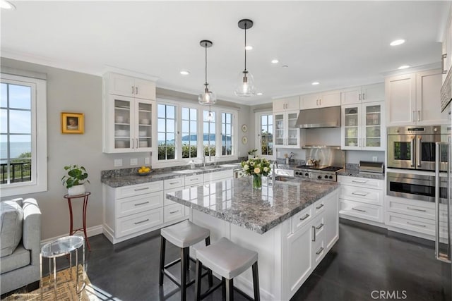 kitchen with under cabinet range hood, plenty of natural light, appliances with stainless steel finishes, and a kitchen island with sink